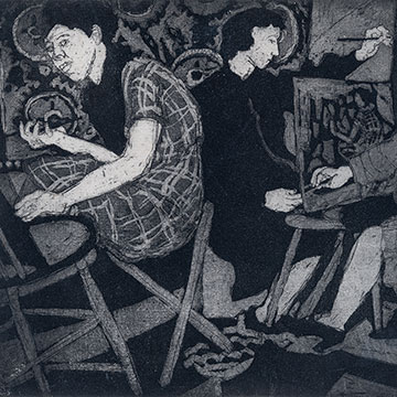 black and white depiction of three seated women working on various art projects